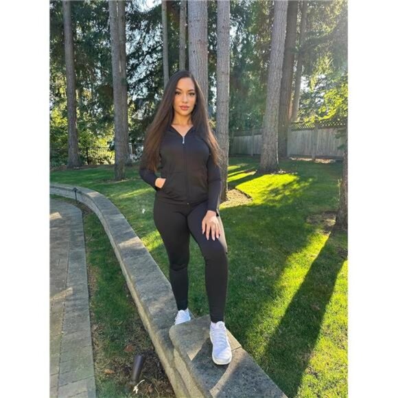 Women Two Piece Outfits Workout Sets Bodycon Tracksuit Long Sleeve Zip Up Hoodie - Picture 2 of 6